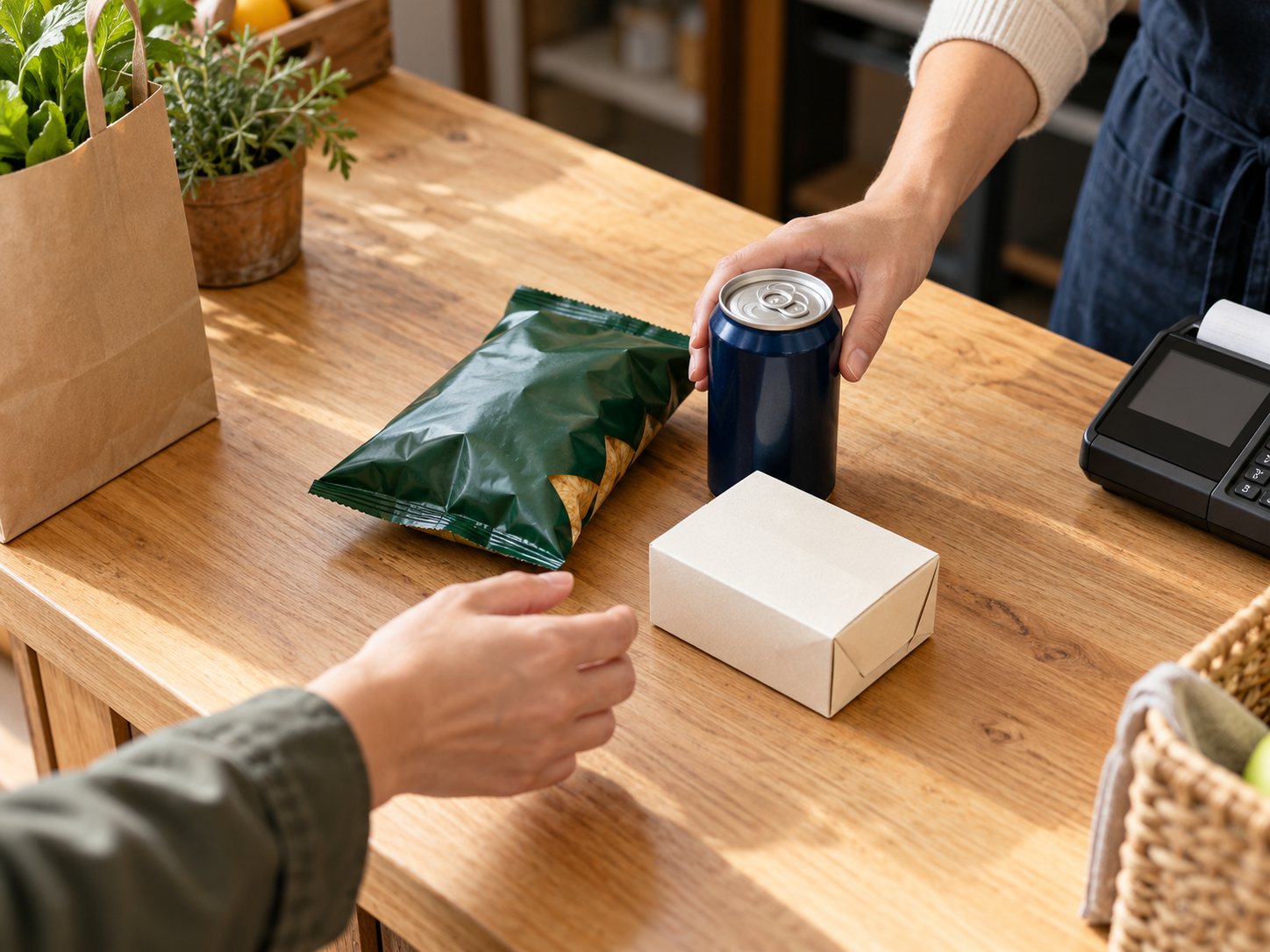 Illustrative market handoff of packaged food and a drink.
