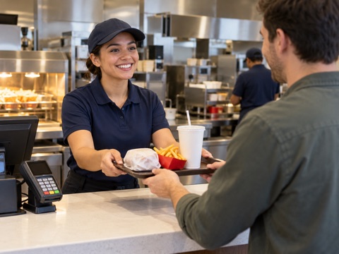 Illustrative scene: Fast-food employee handing over a tray at the service counter.