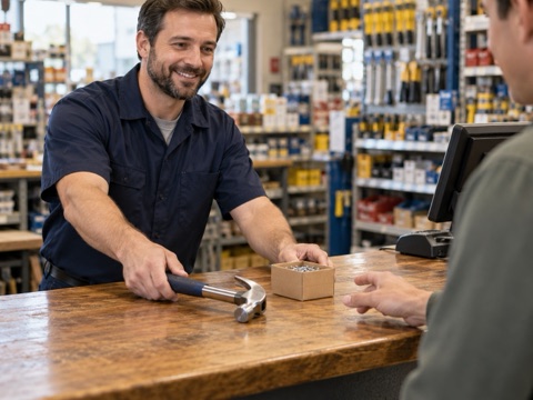 Illustrative scene: Hardware store employee handing tools across a checkout counter.